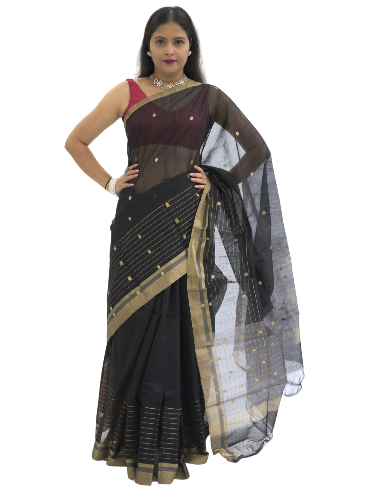Chanderi Silk Black Saree with Golden Zari Stripes Border