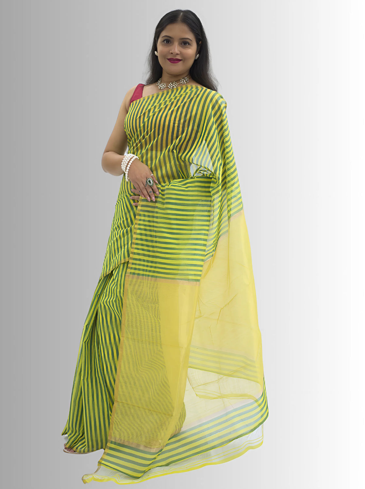 Chanderi Silk Lemon Yellow and Green Stripes Saree