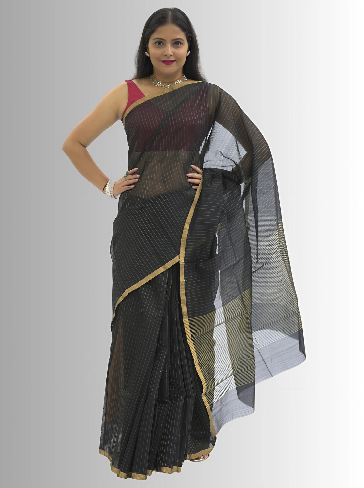 Chanderi Silk Black Saree with Golden Zari Stripes