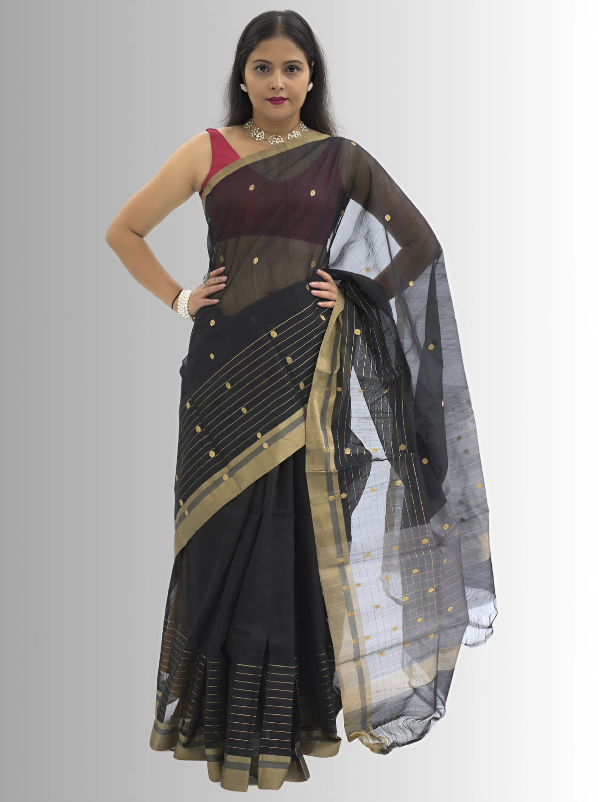 Chanderi Silk Black Saree with Golden Zari Stripes Border