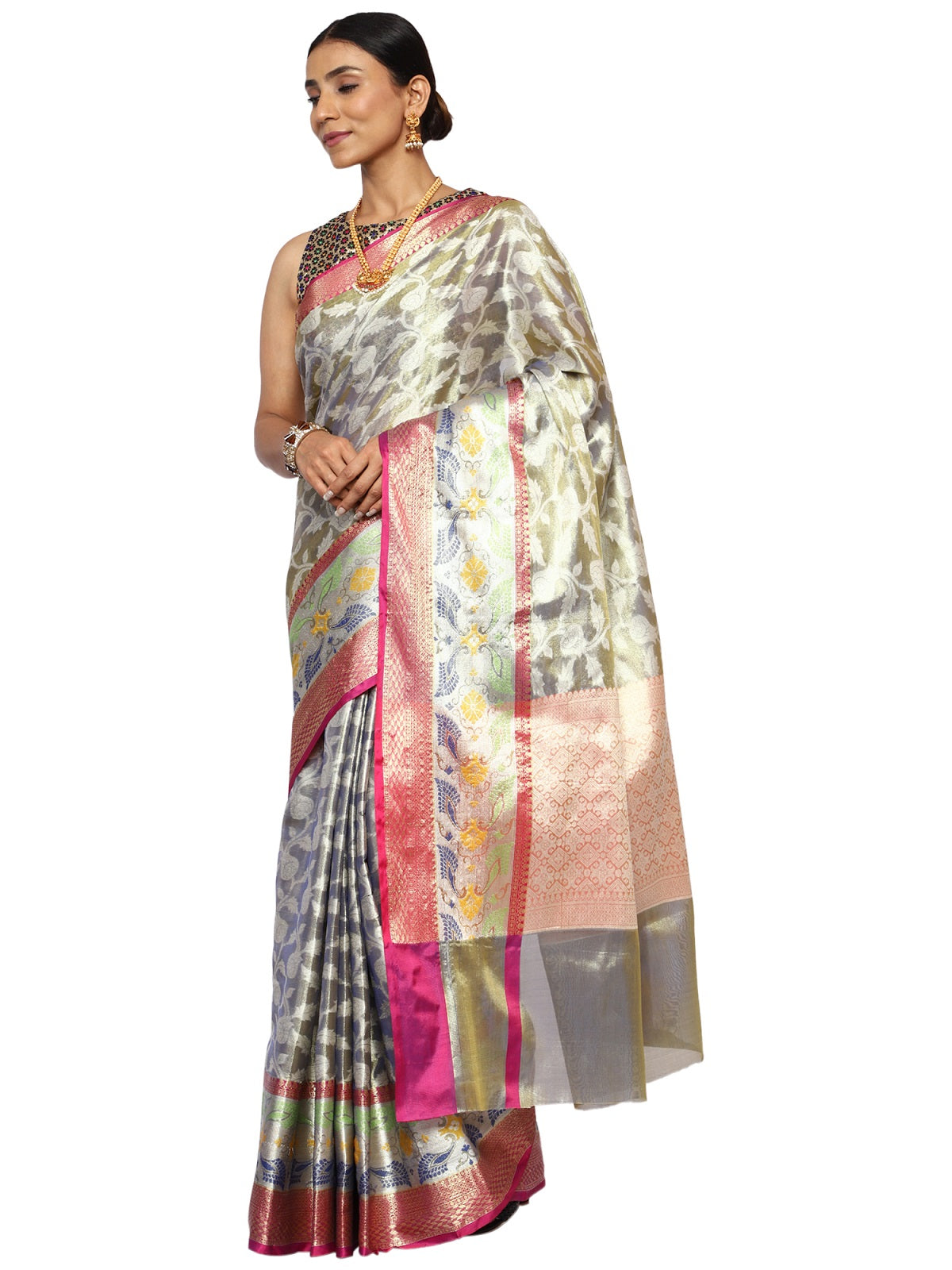 Tissue Silk Banarasi Metallic Green Saree with Meenakari Jaal Work