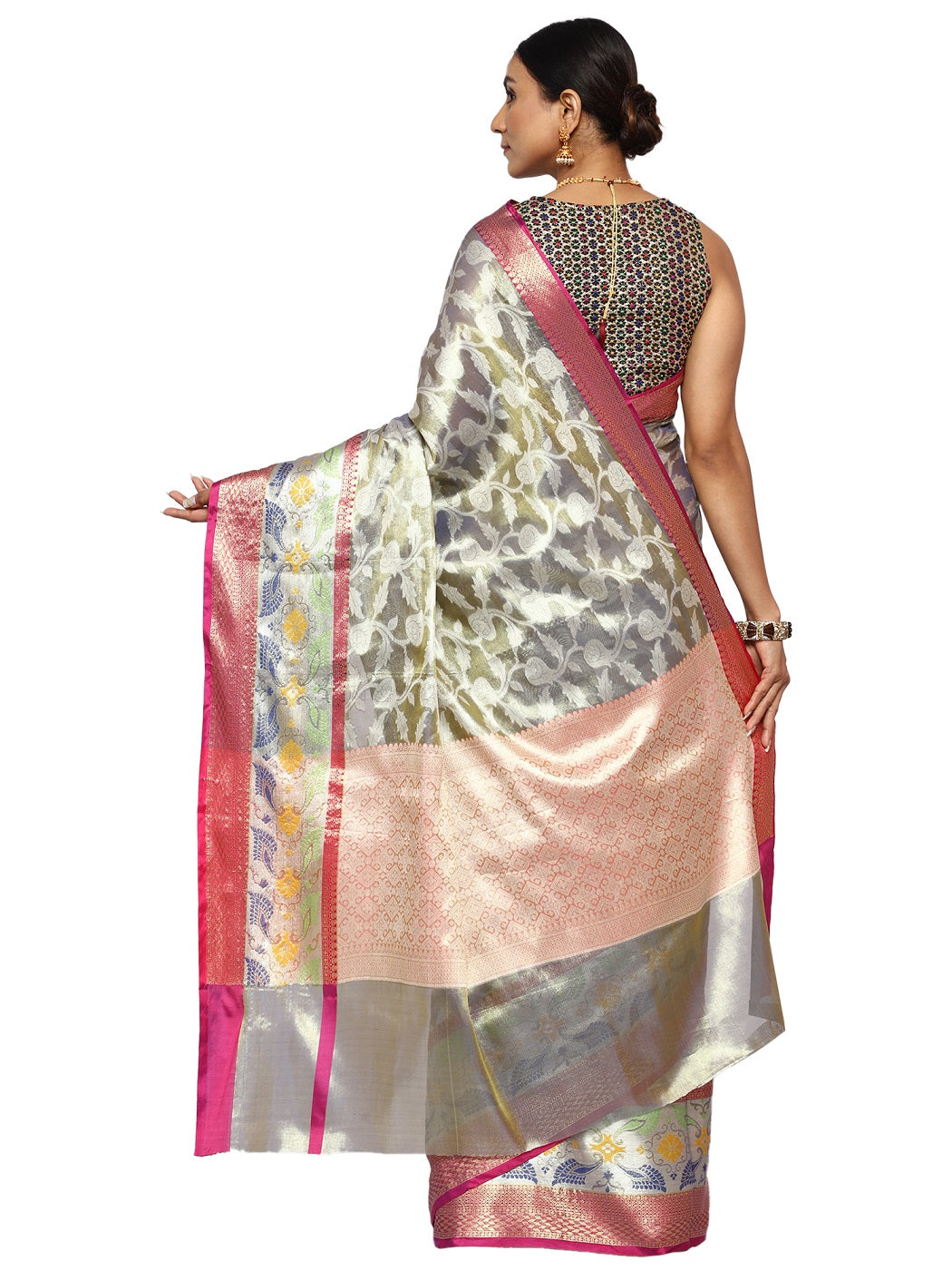 Tissue Silk Banarasi Metallic Green Saree with Meenakari Jaal Work