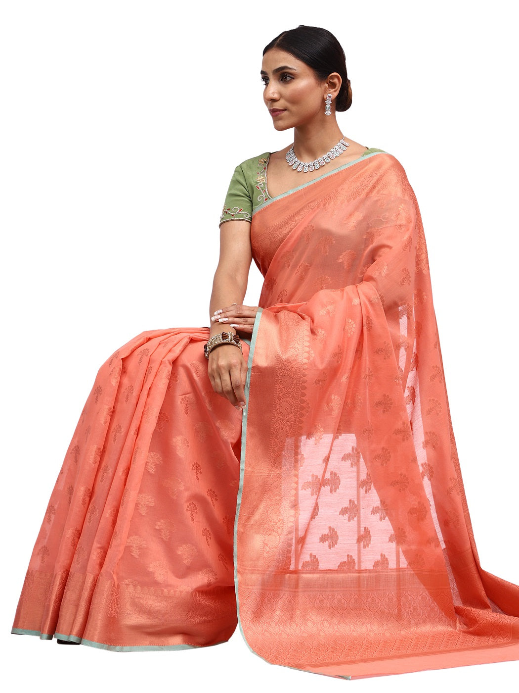 Cotton Silk Banarasi Peach Saree with Copper Zari Butti Work