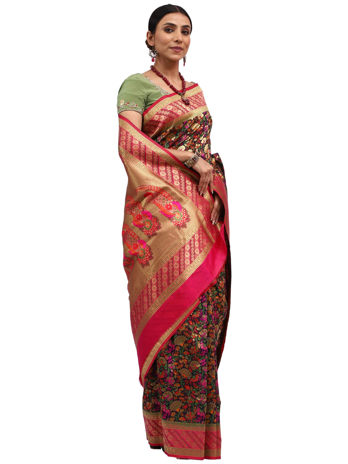 Ilfi Jamewar Banarasi Black Silk Saree with Zari Jaal Work