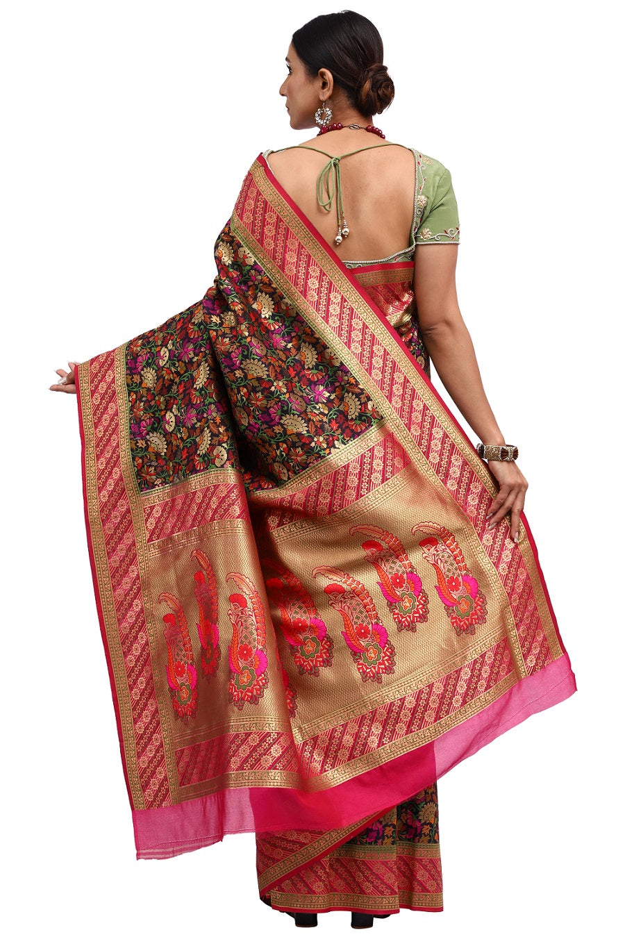 Ilfi Jamewar Banarasi Black Silk Saree with Zari Jaal Work