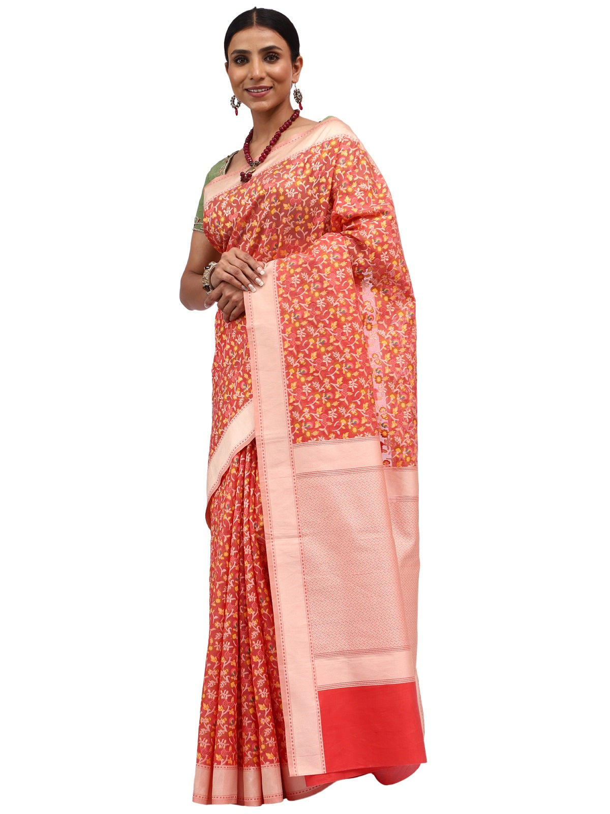 Jamdani Banarasi Peach Chanderi Silk Saree with Thread Work Jaal