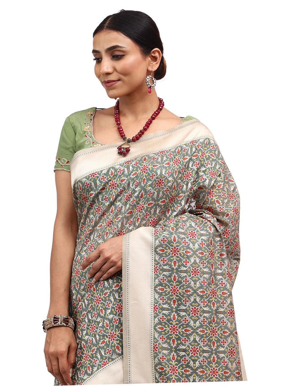 Jamdani Silk Banarasi Green Chanderi Silk Saree with Thread Work Jaal