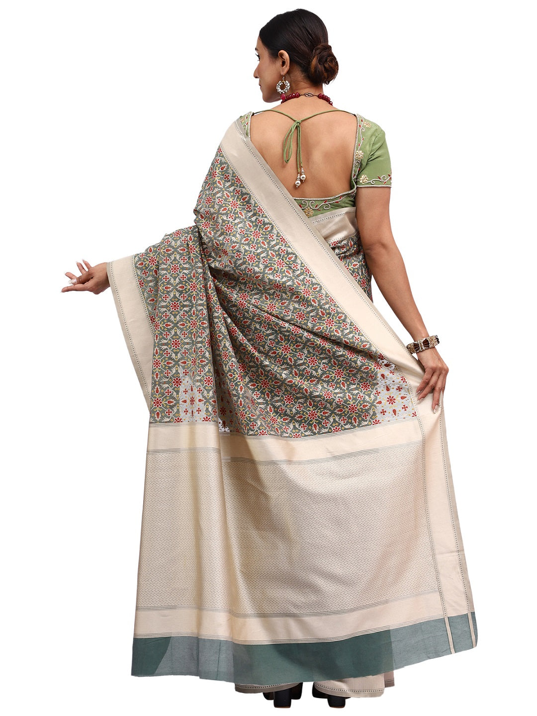 Jamdani Silk Banarasi Green Chanderi Silk Saree with Thread Work Jaal