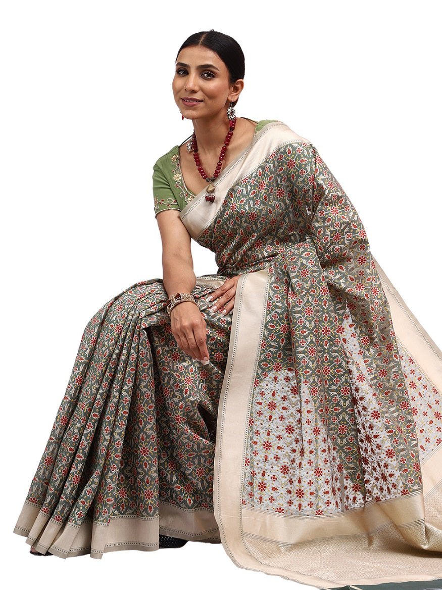 Jamdani Silk Banarasi Green Chanderi Silk Saree with Thread Work Jaal