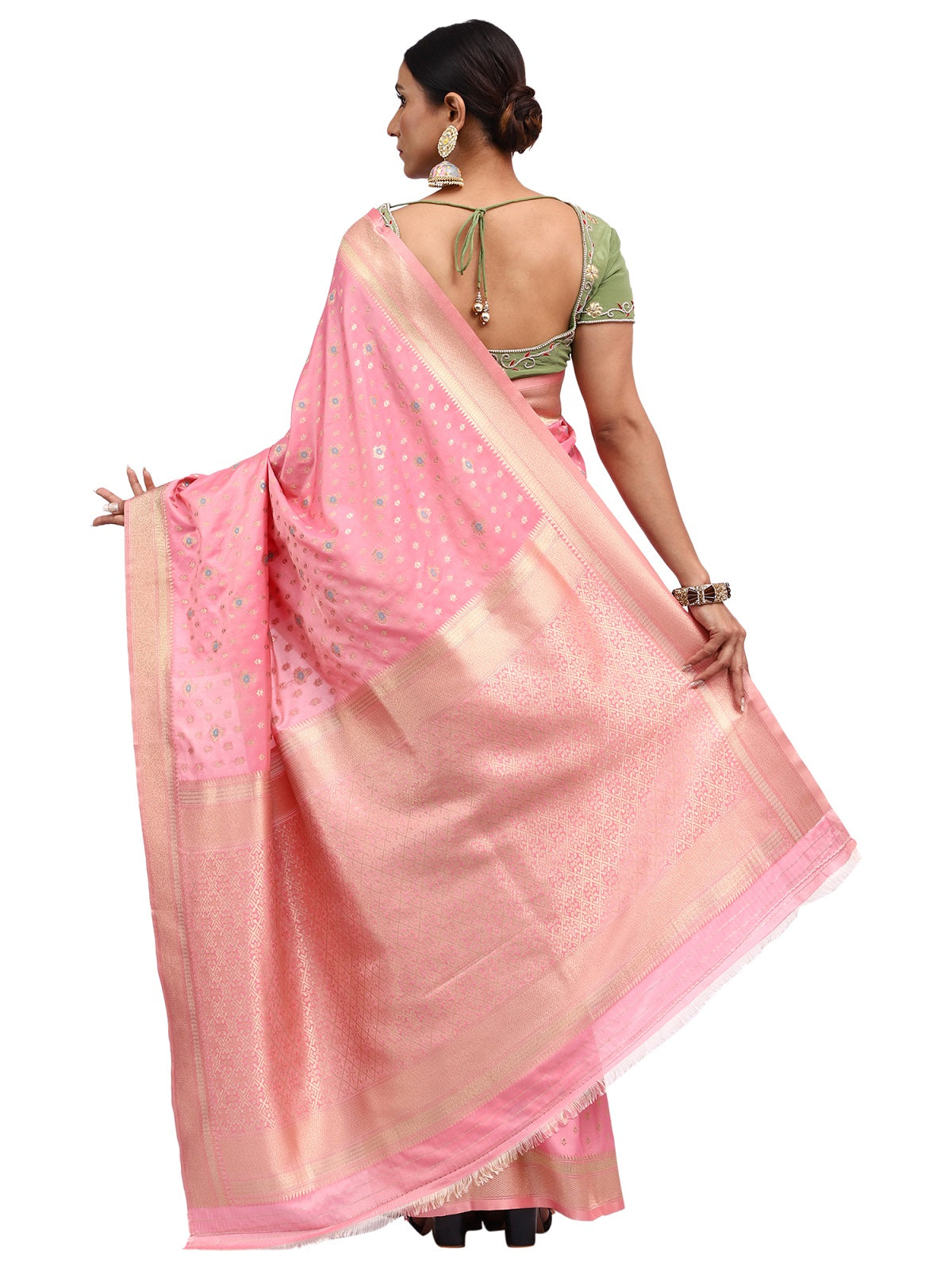 Kataan Silk Banarasi Pink Saree with Meenakari Butti Zari Work