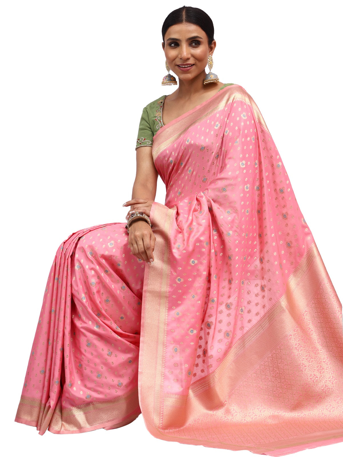 Kataan Silk Banarasi Pink Saree with Meenakari Butti Zari Work