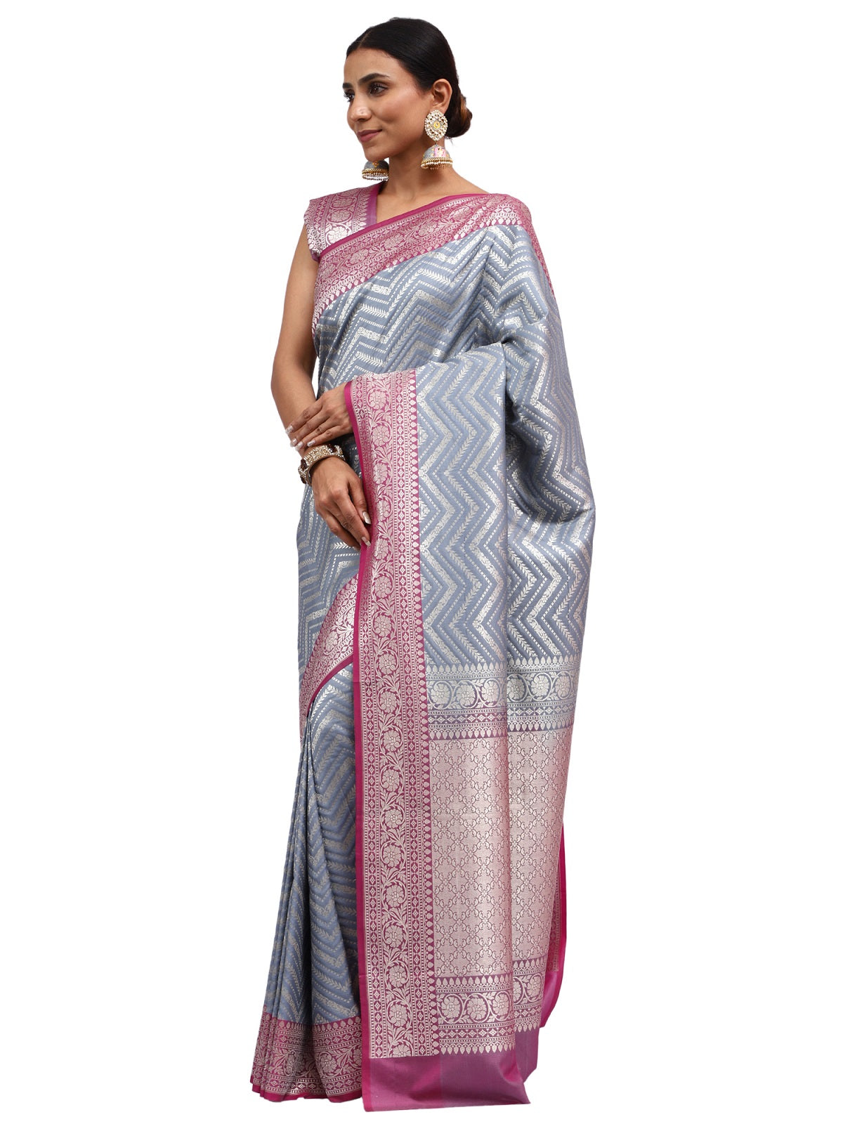 Katan Silk Banarasi Grey Saree with Brocade Lehariya