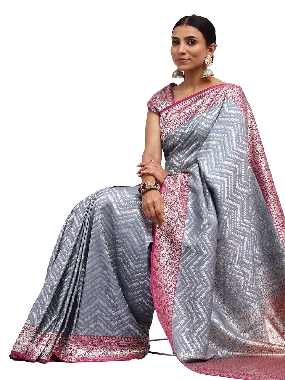 Katan Silk Banarasi Grey Saree with Brocade Lehariya