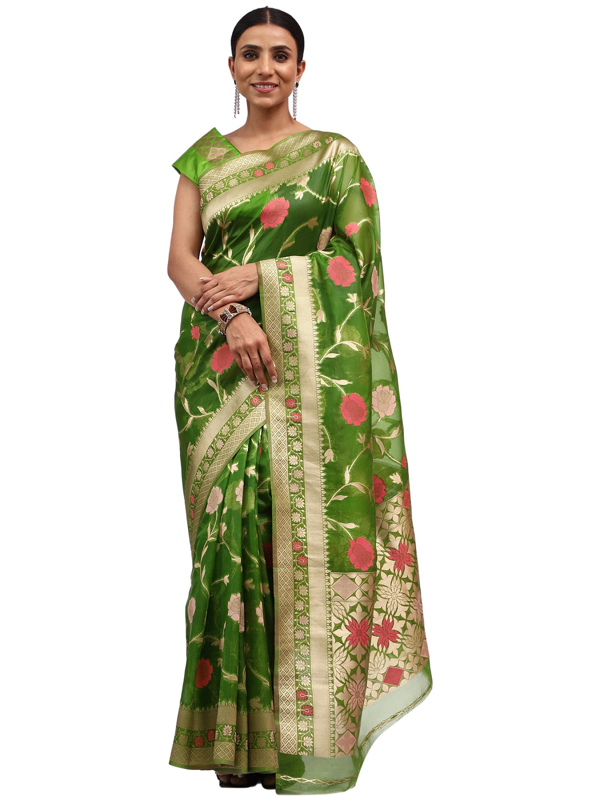 Organza Silk Banarasi Green Saree with Meenakari Jungla Work