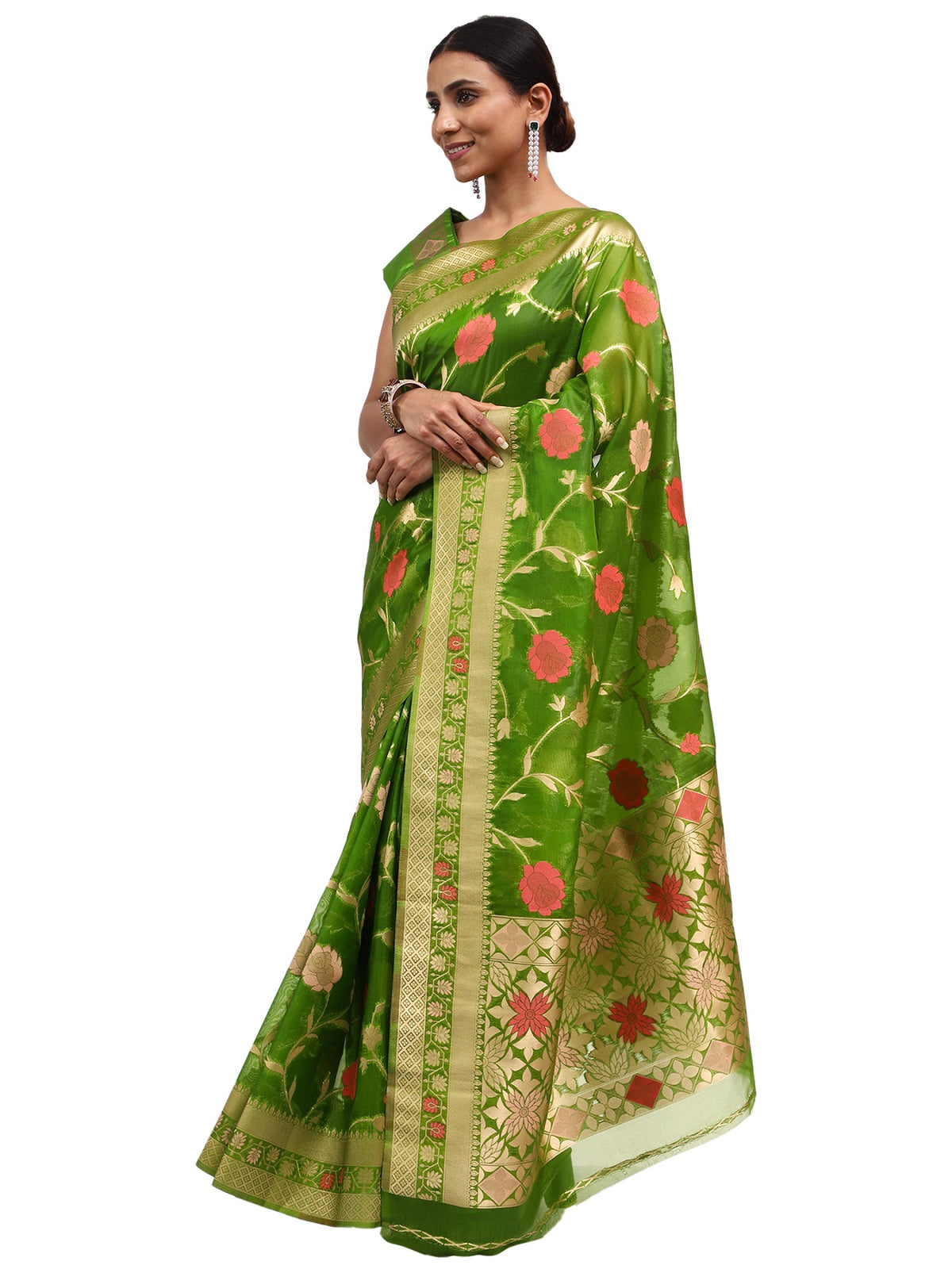Organza Silk Banarasi Green Saree with Meenakari Jungla Work