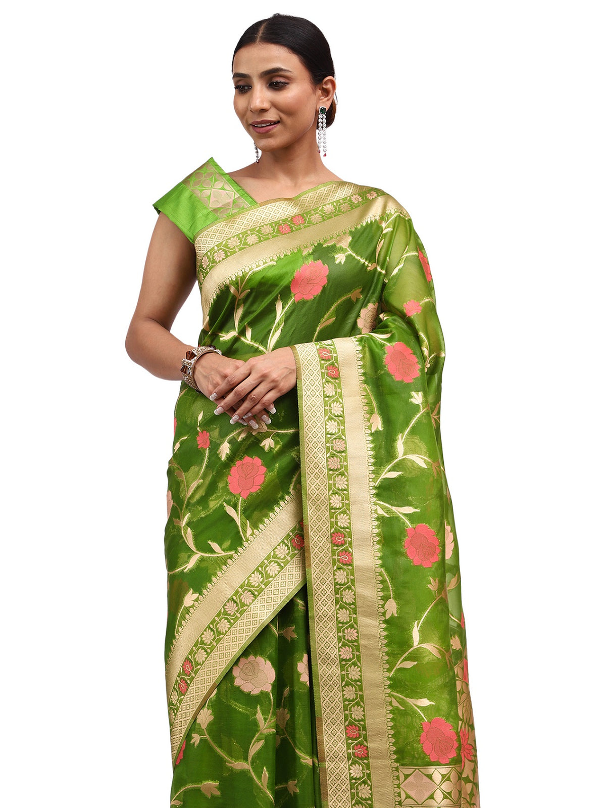Organza Silk Banarasi Green Saree with Meenakari Jungla Work