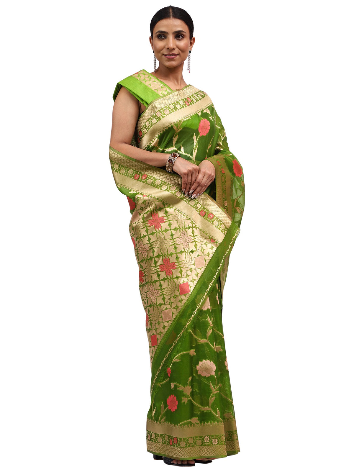 Organza Silk Banarasi Green Saree with Meenakari Jungla Work