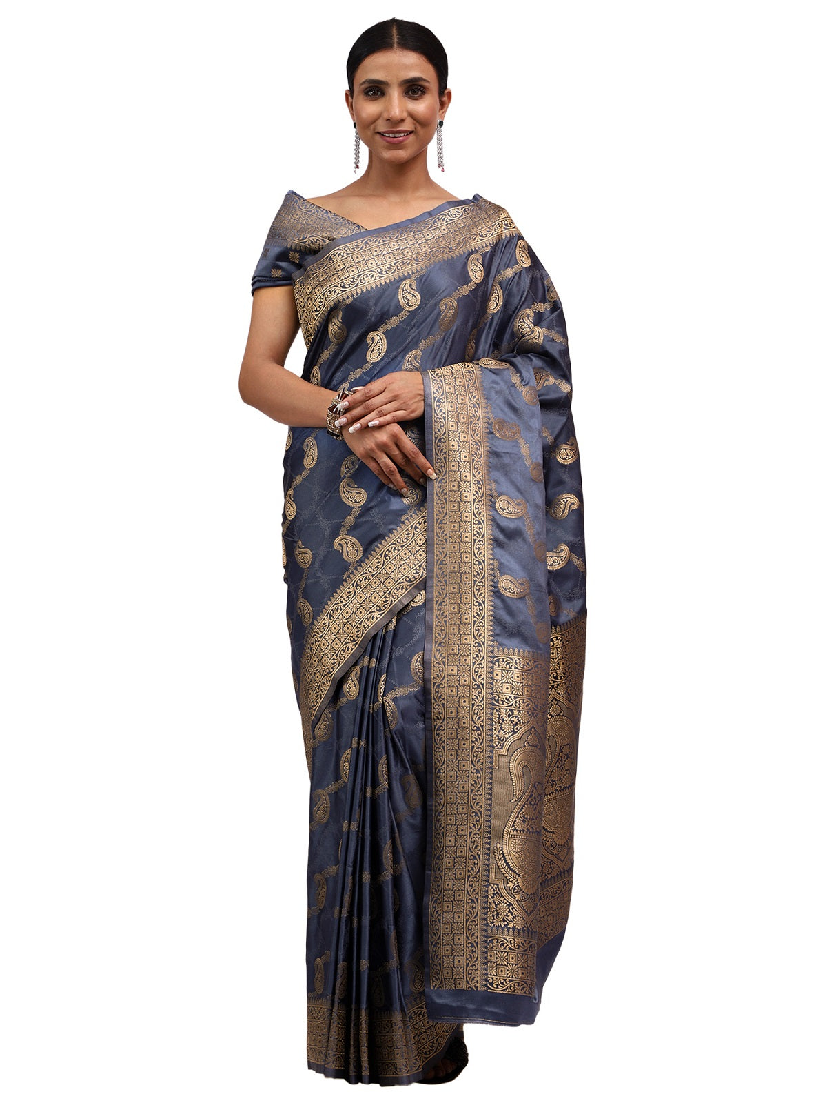 Katan Silk Banarasi Grey Saree with Jamewar Lehariya Work