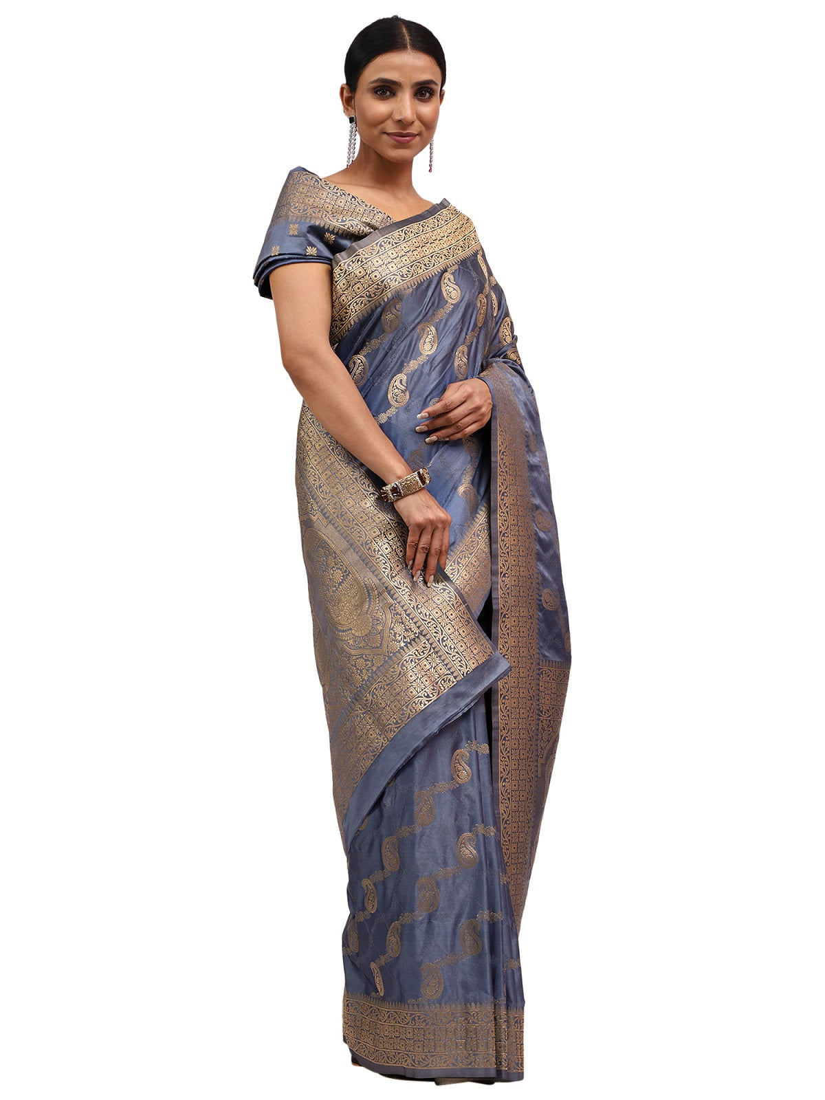 Katan Silk Banarasi Grey Saree with Jamewar Lehariya Work