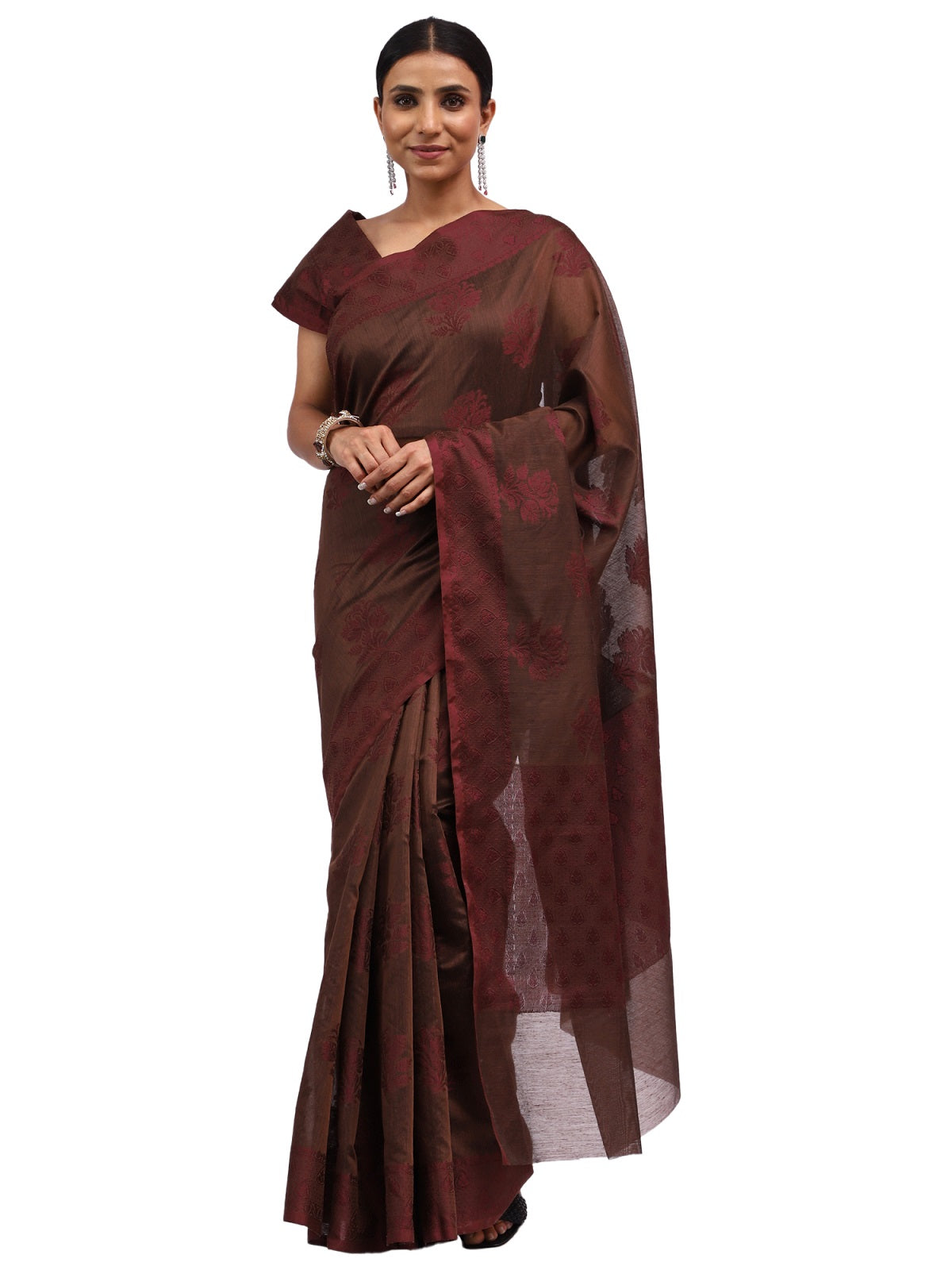 Cotton Silk Banarasi Brown Saree with Jute Work