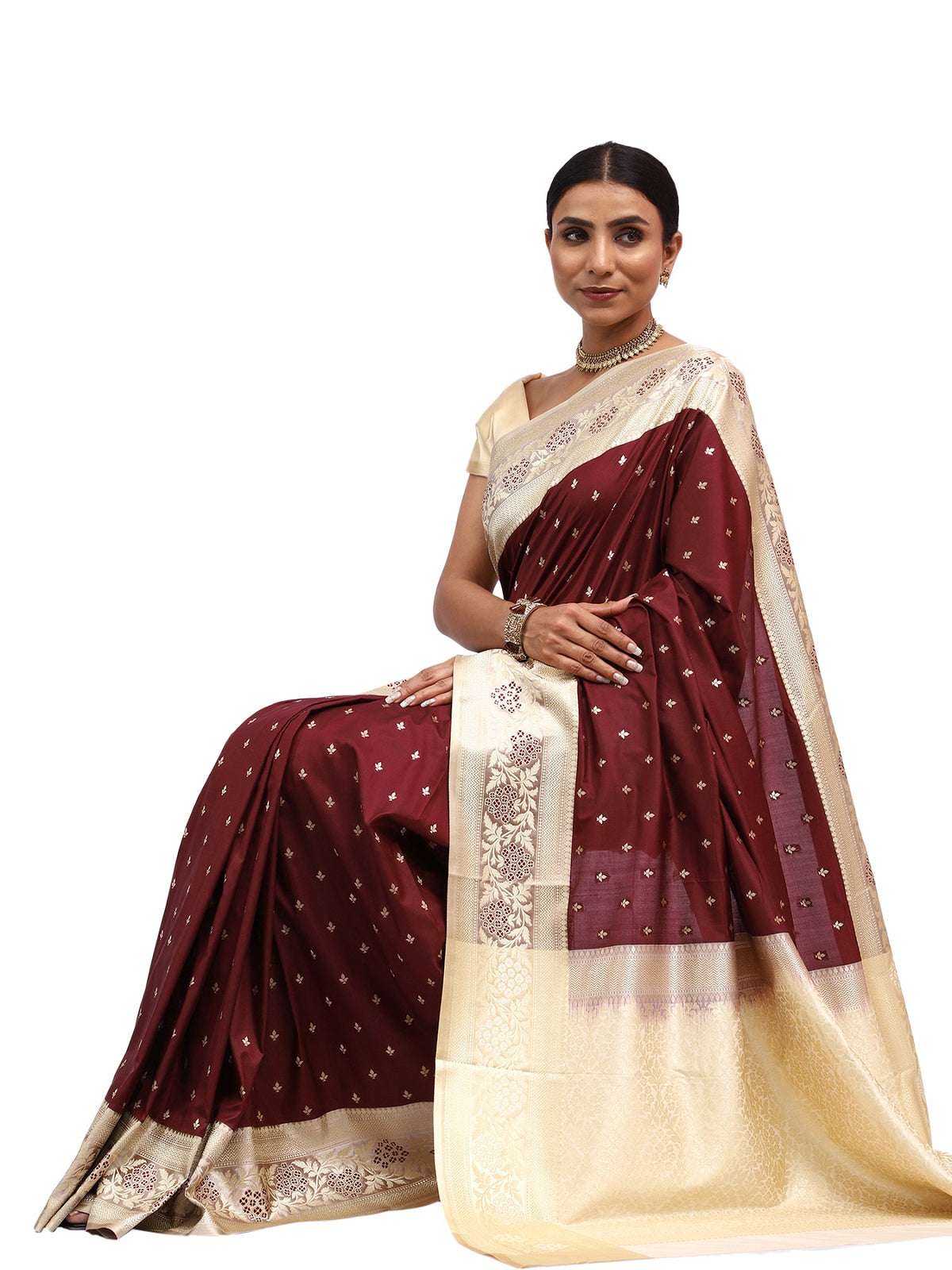 Katan Silk Banarasi Brown Saree with Meenakari Butti Border