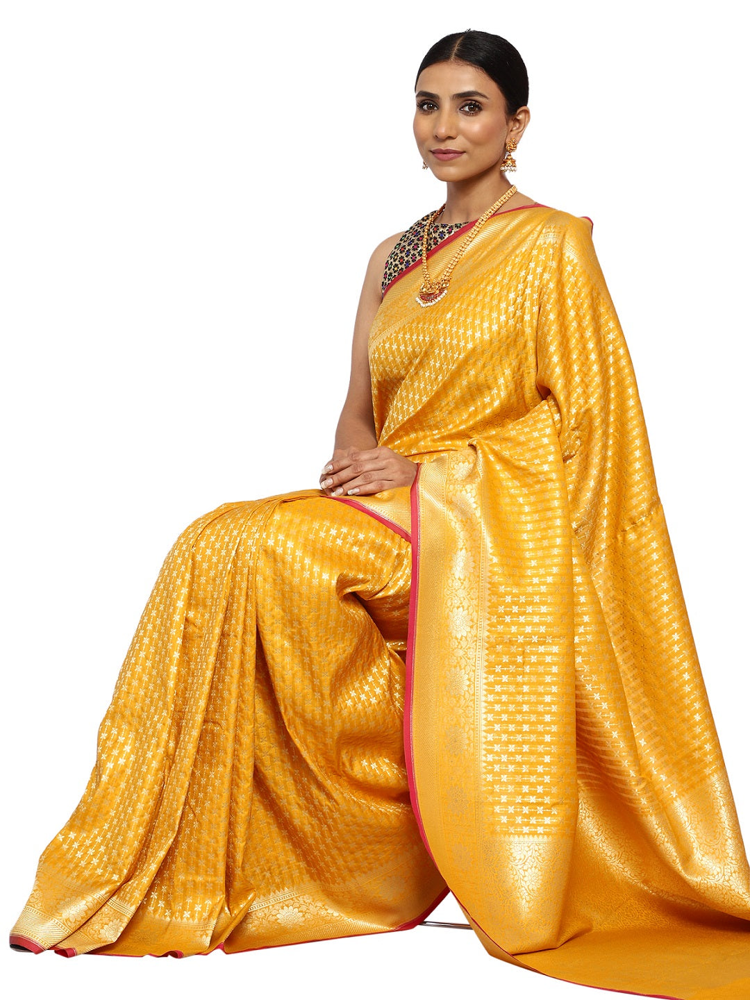 Katan Silk Banarasi Mustard Saree with Golden Zari Work