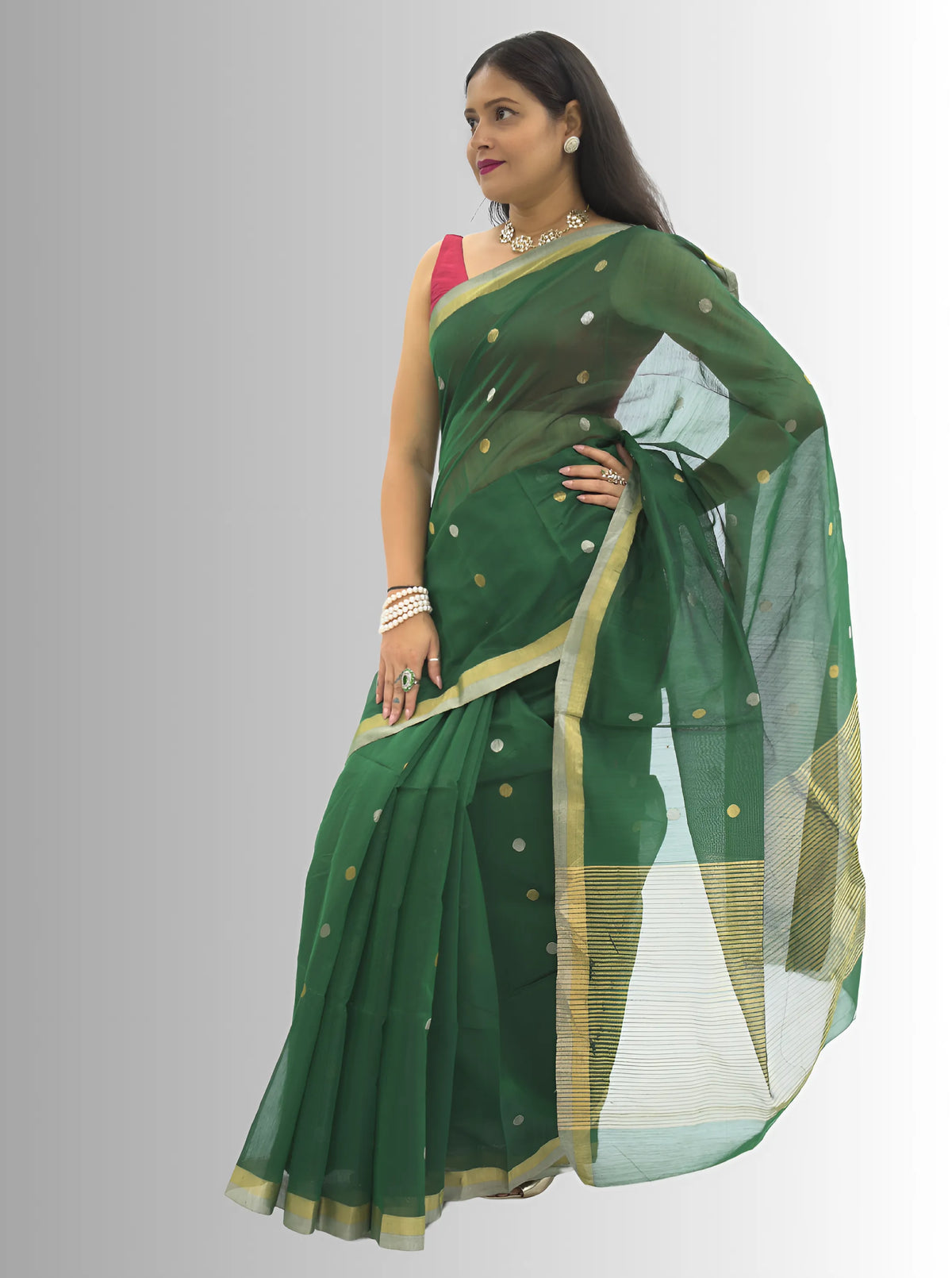 Chanderi Silk Green Saree with Golden & Silver Border