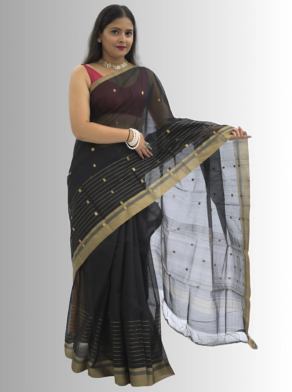 Chanderi Silk Black Saree with Golden Zari Stripes Border