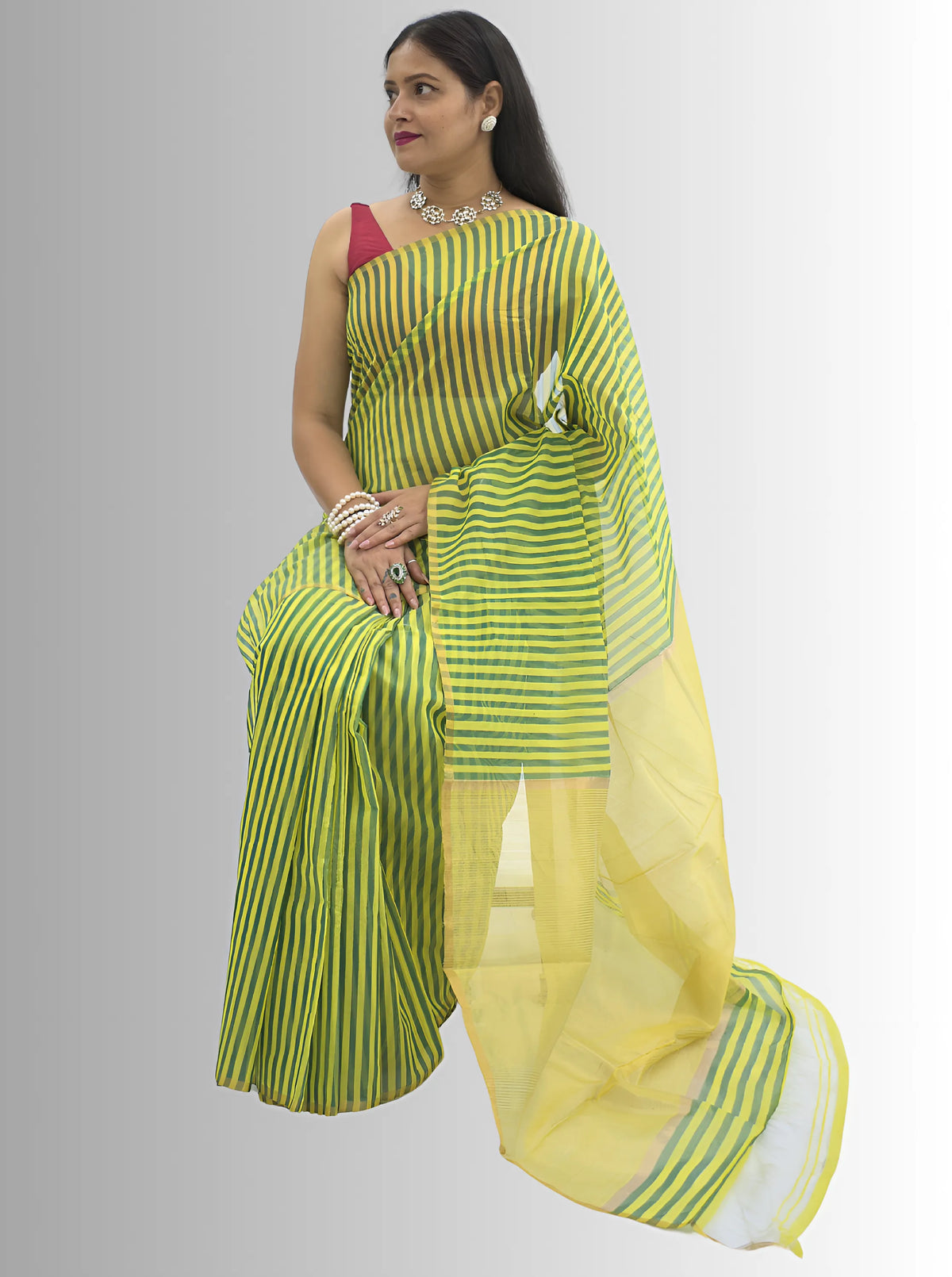 Chanderi Silk Lemon Yellow and Green Stripes Saree