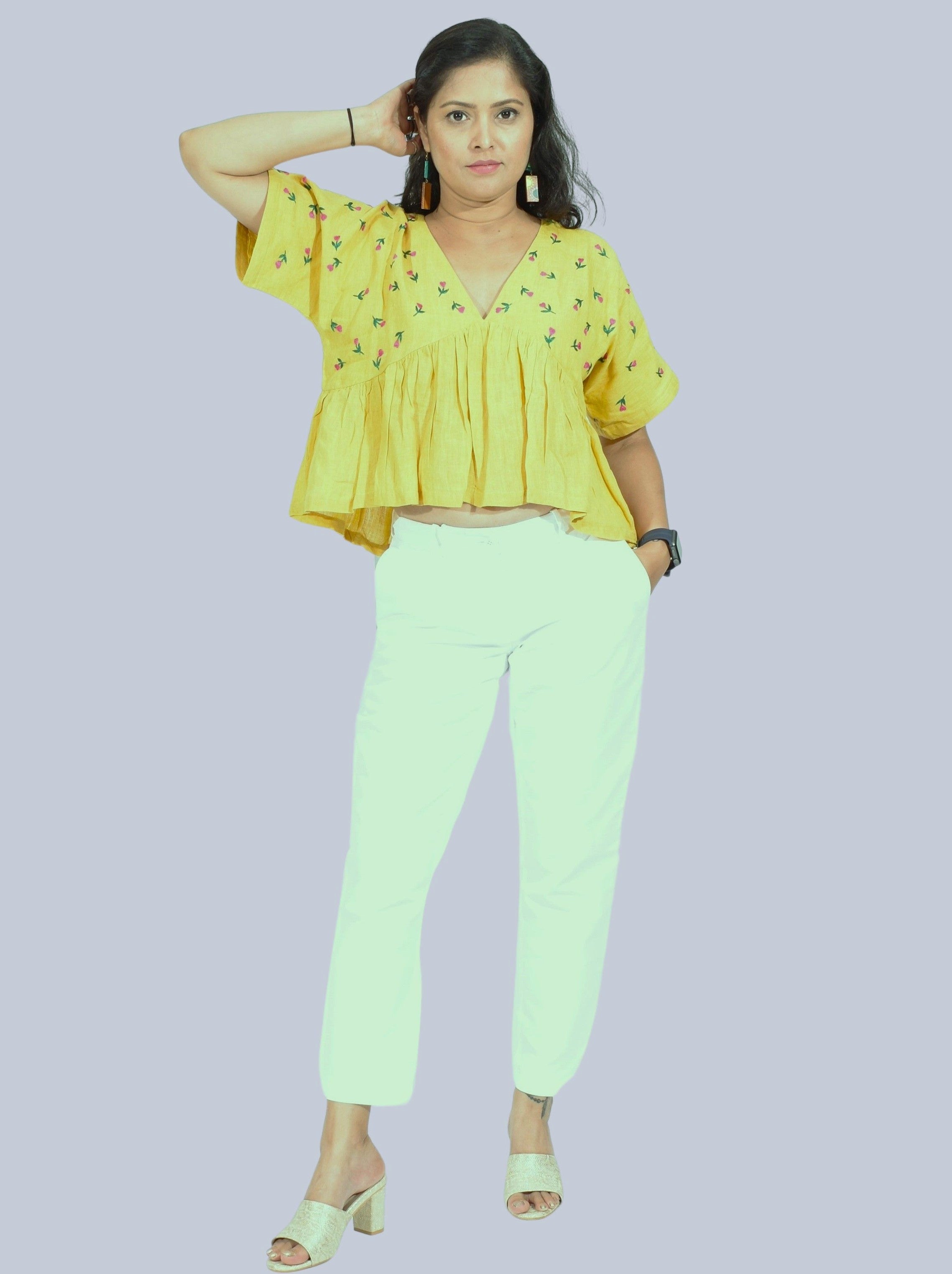 Pure Handloom Linen Haldi Yellow Hand-Embroidered Top