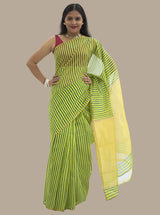 Chanderi Silk Lemon Yellow and Green Stripes Saree