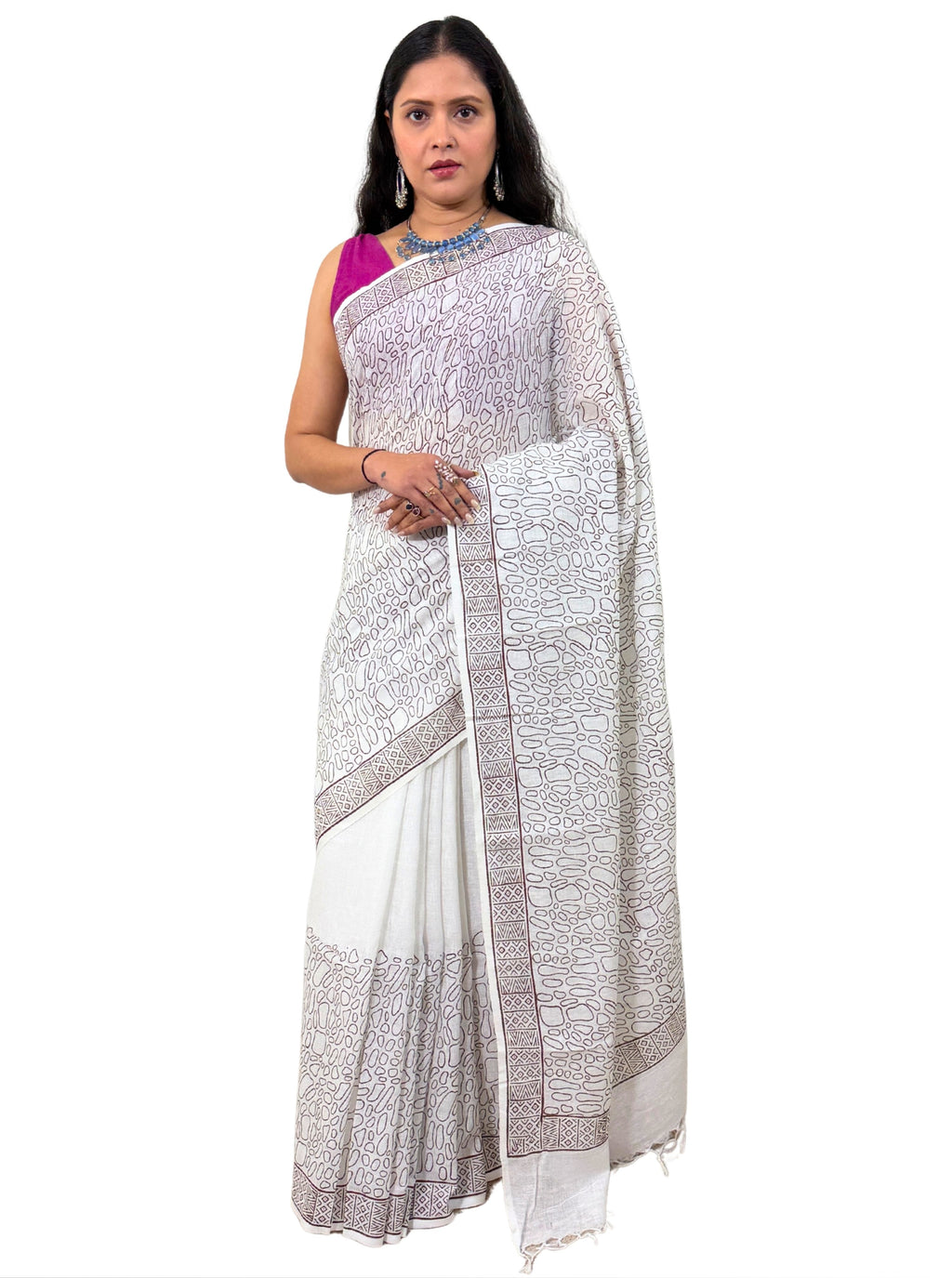 Handloom cotton linen white jaal hand block print saree with blouse