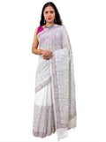 Handloom cotton linen white jaal hand block print saree with blouse