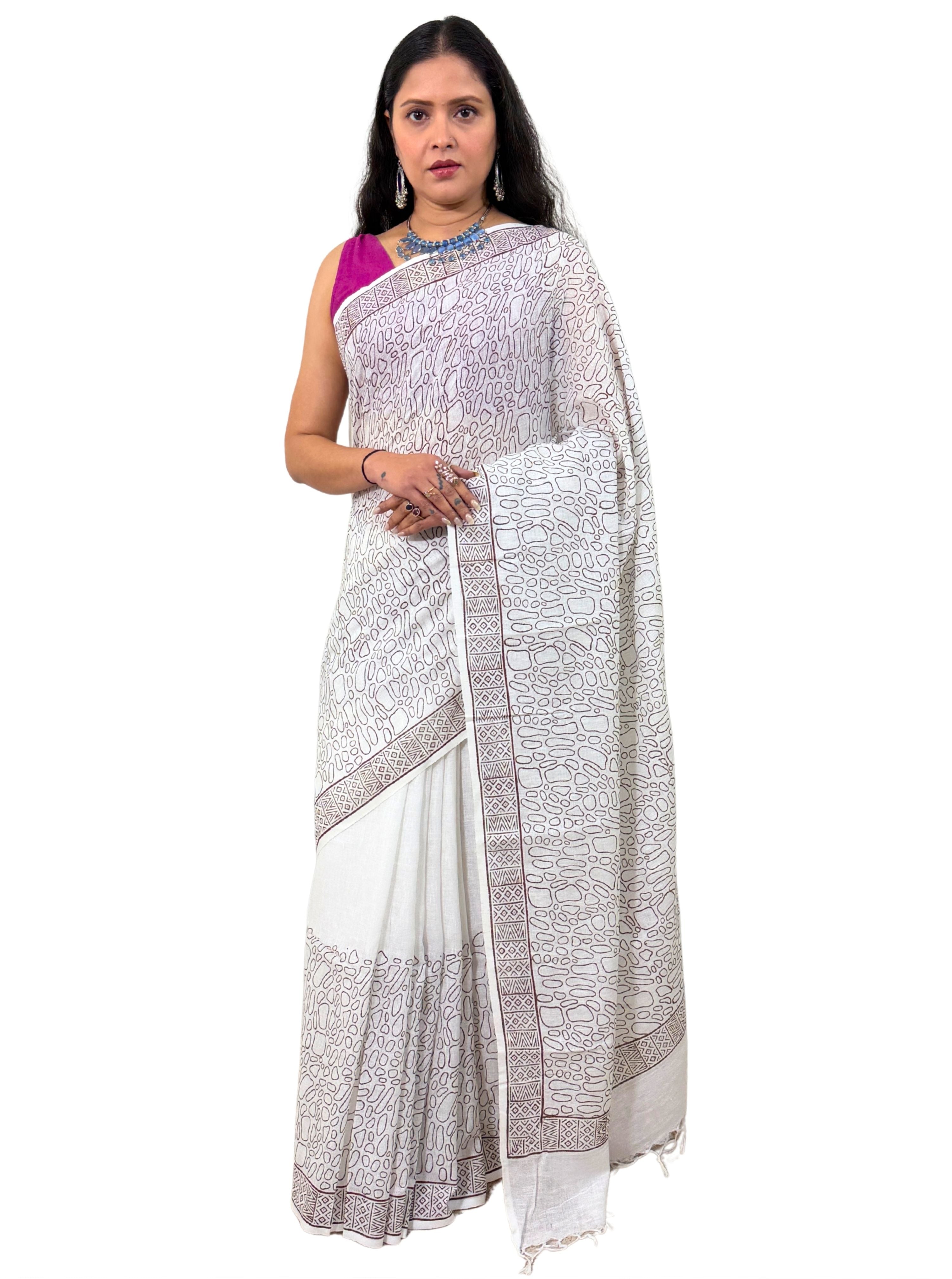 Handloom cotton linen white jaal hand block print saree with blouse