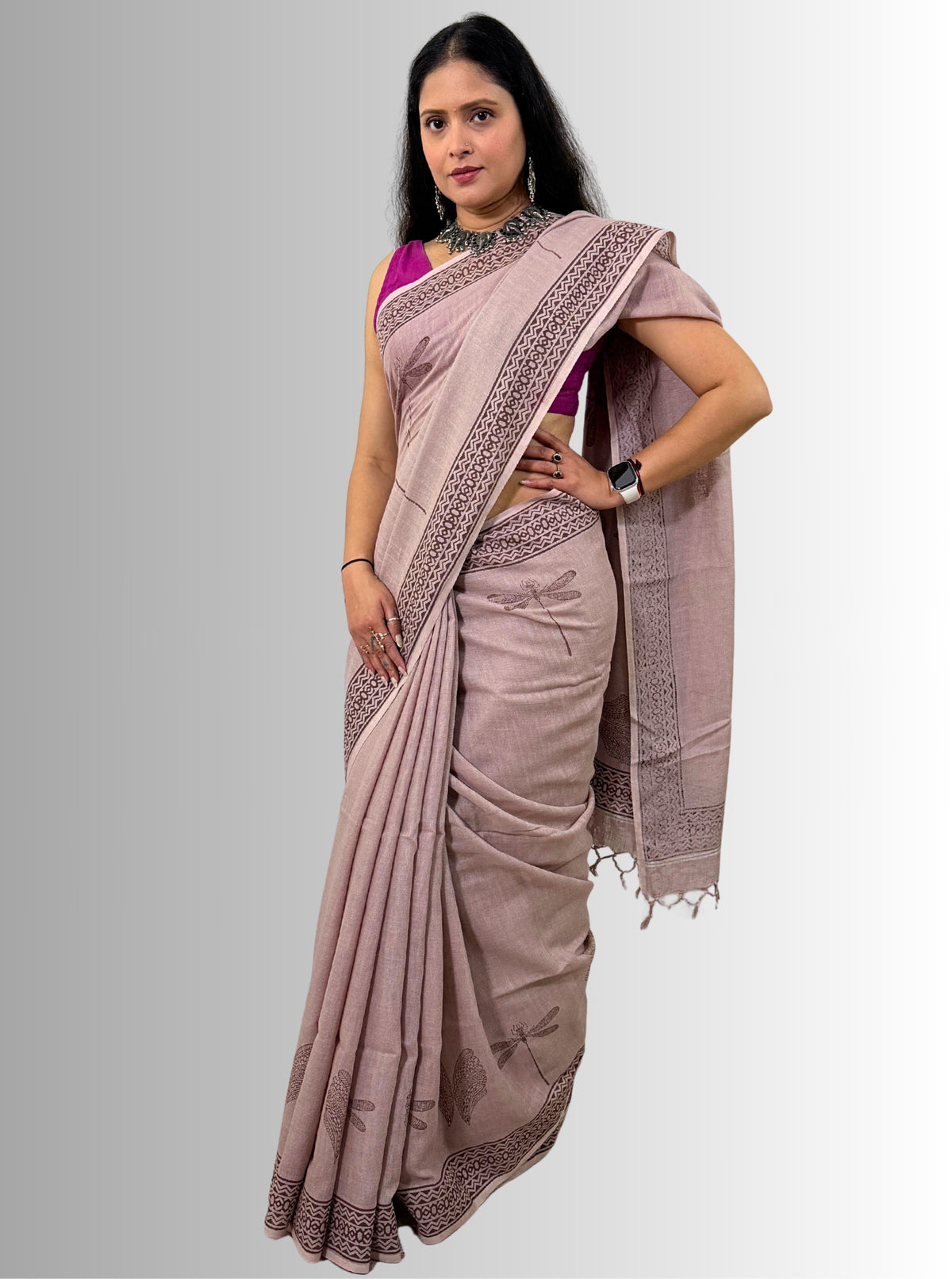 handloom cotton linen white hand block print saree with blouse