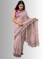 handloom cotton linen white hand block print saree with blouse