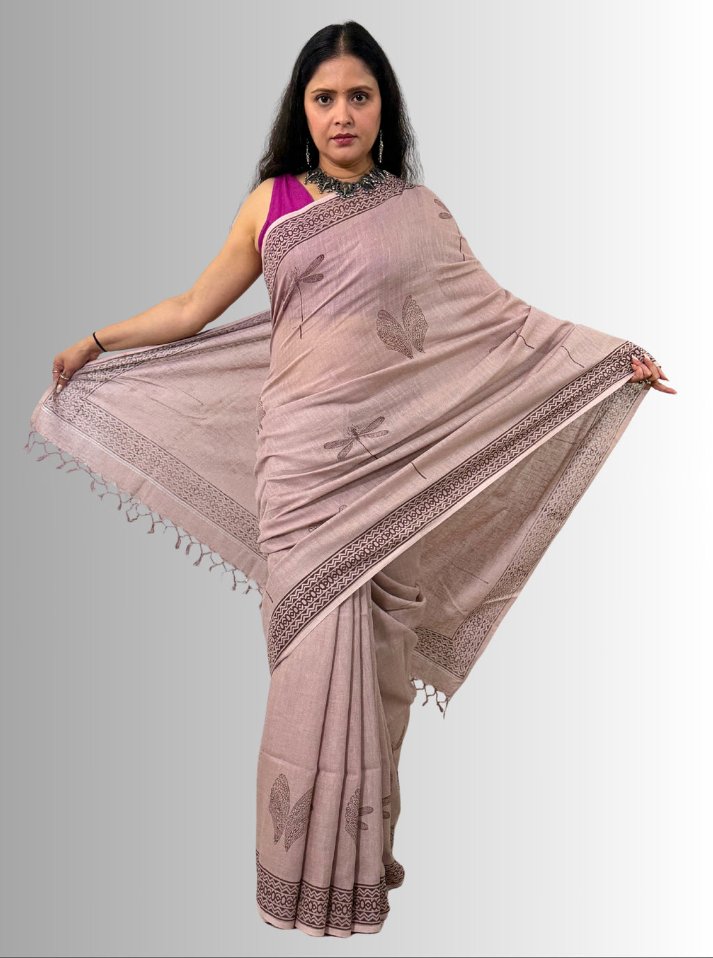 handloom cotton linen white hand block print saree with blouse