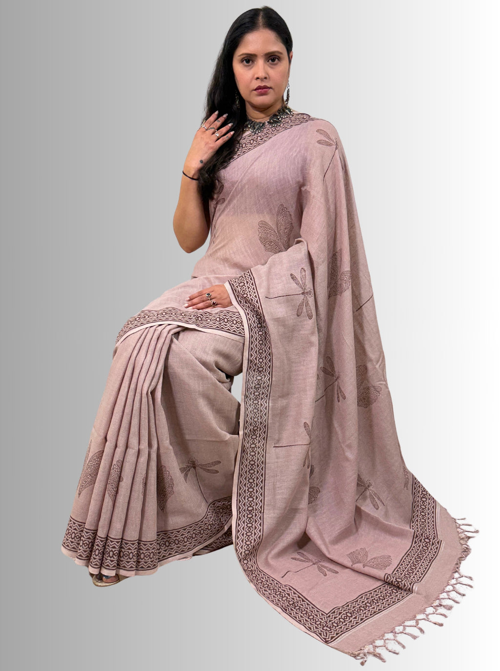 handloom cotton linen white hand block print saree with blouse