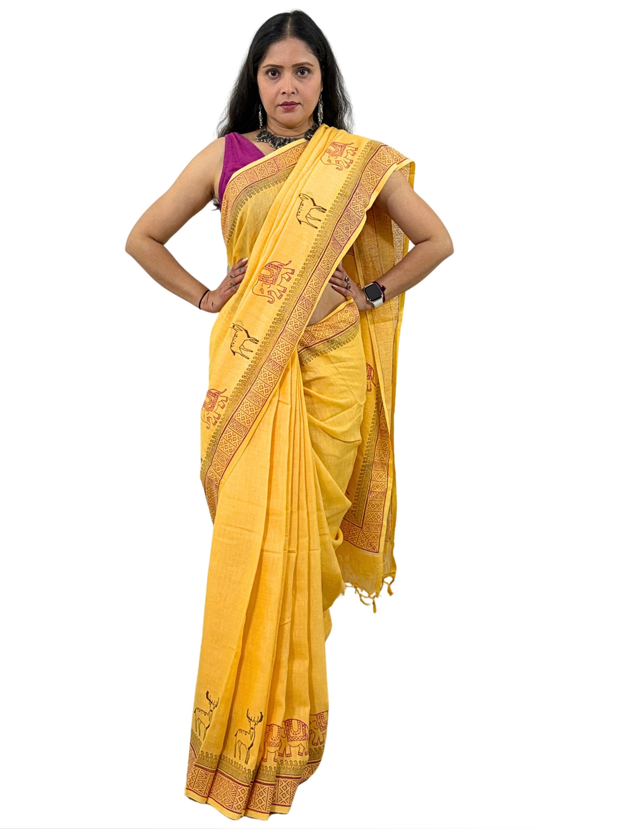 handloom cotton linen hand block print saree with blouse