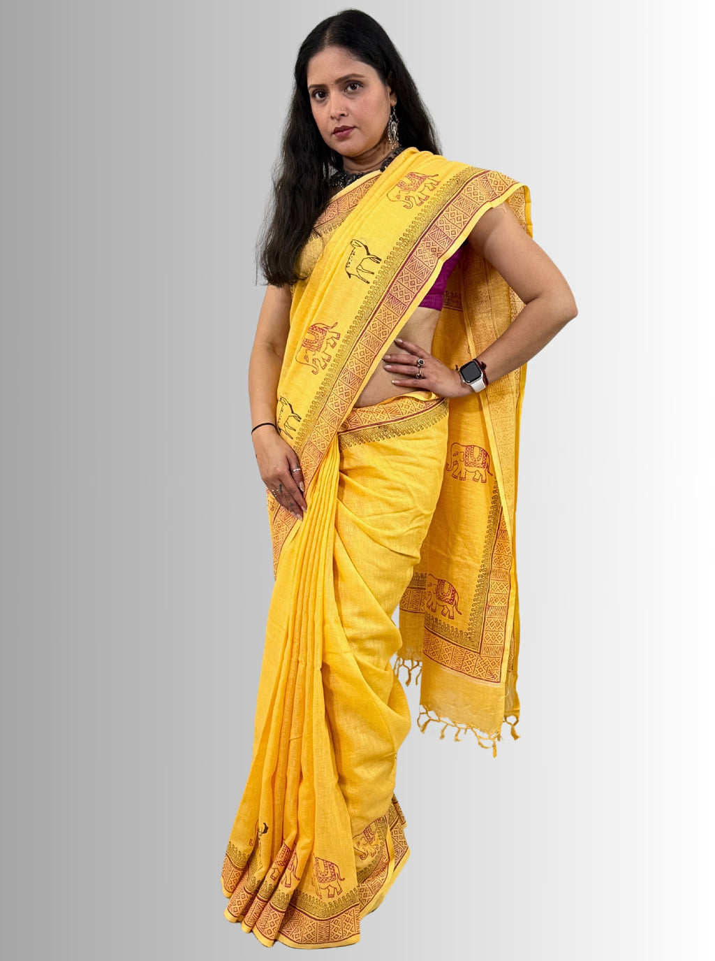 handloom cotton linen hand block print saree with blouse