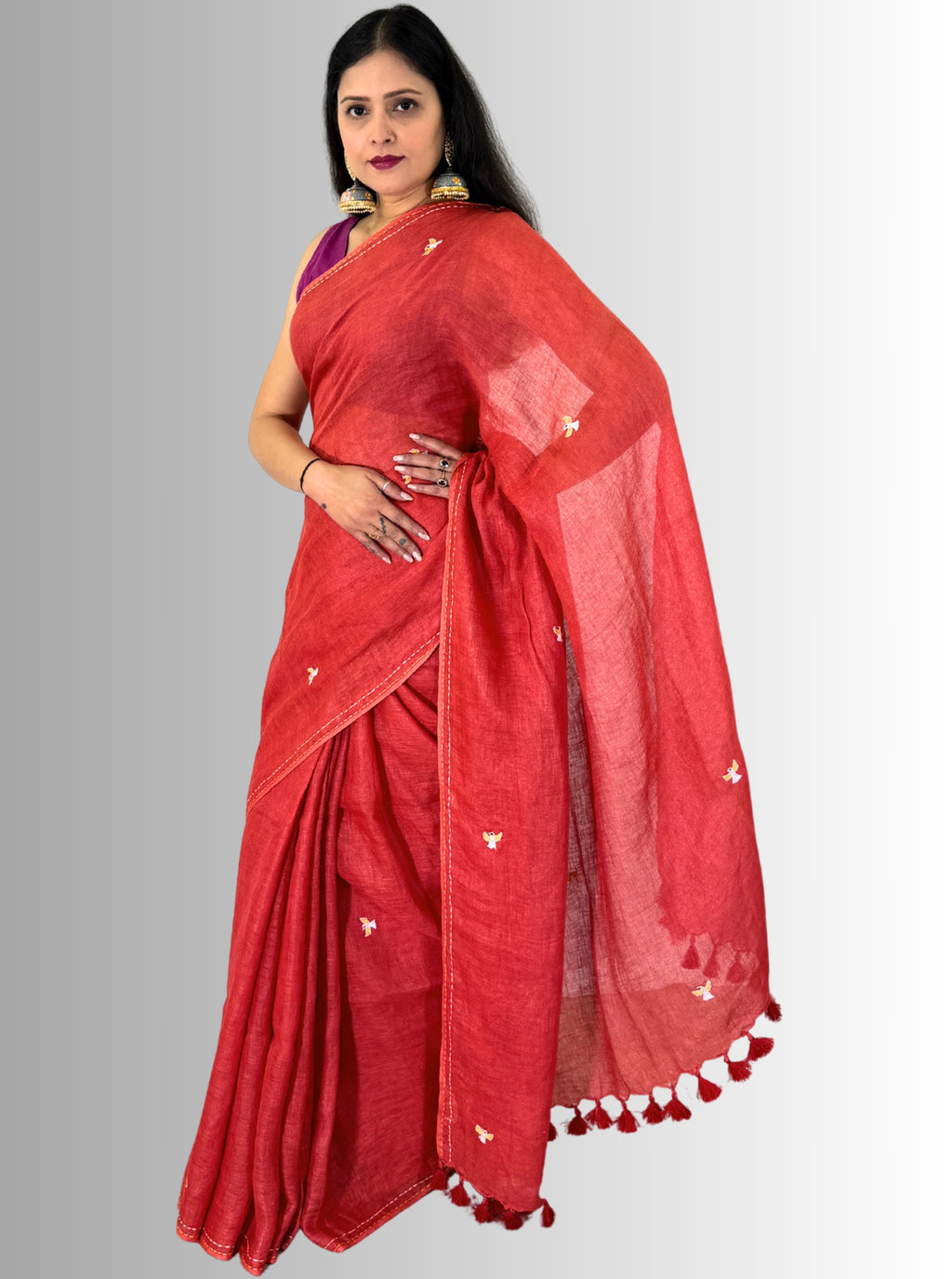 handloom linen red saree with bird hand embroiedry with blouse