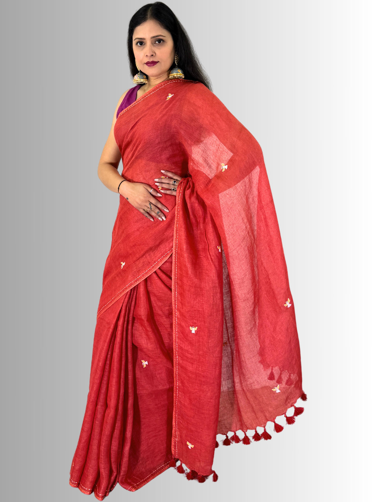 handloom linen red saree with bird hand embroiedry with blouse