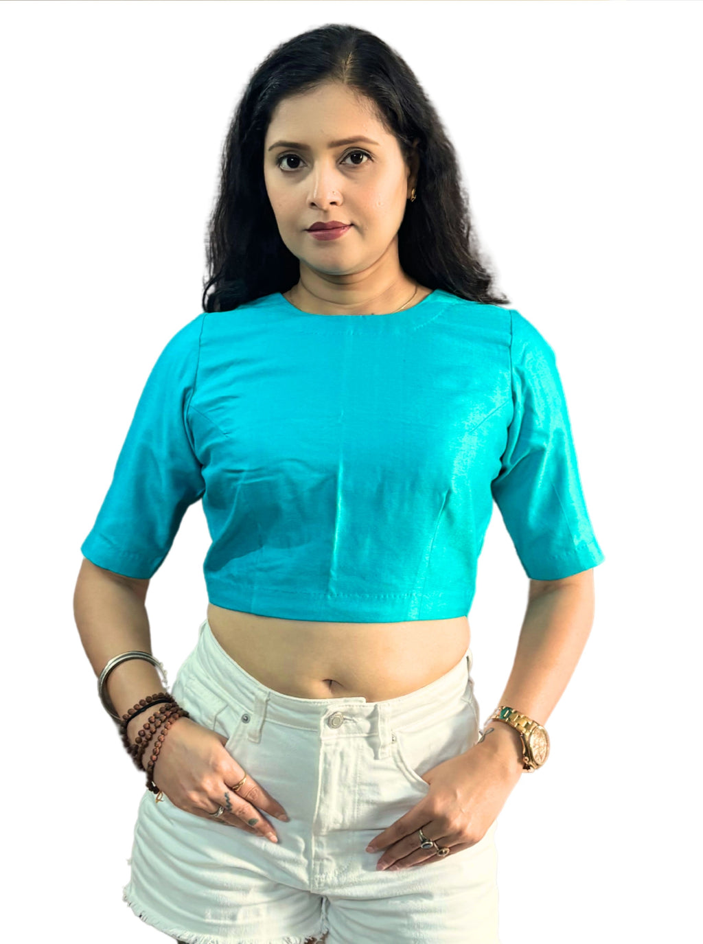 Round Neck Turquoise Cotton Tussar Silk Blouse with Back Wooden Buttons