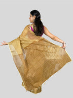 Mustured yellow handloom linen dabu hand block print saree with blouse