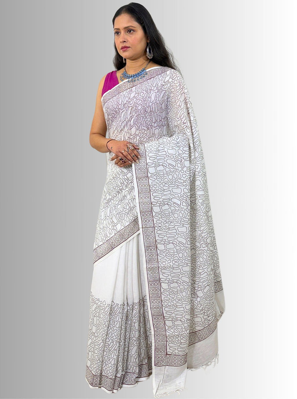 Handloom cotton linen white jaal hand block print saree with blouse