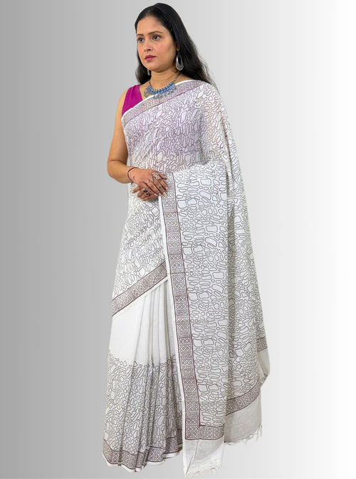 Handloom cotton linen white jaal hand block print saree with blouse