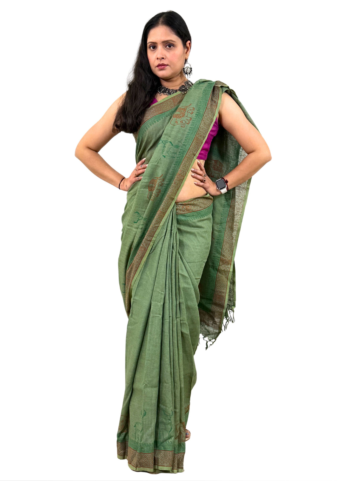 handloom cotton linen hand block print saree with blouse