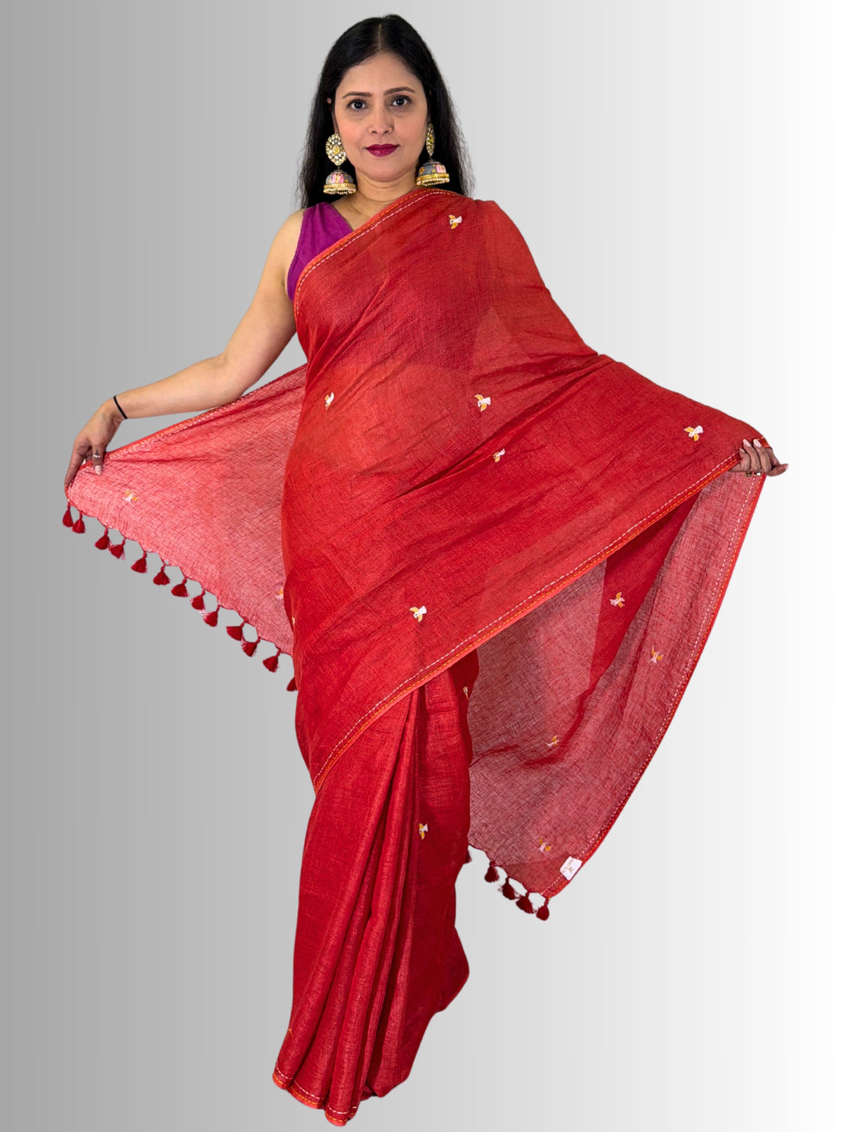 handloom linen red saree with bird hand embroiedry with blouse