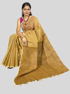 Mustured yellow handloom linen dabu hand block print saree with blouse