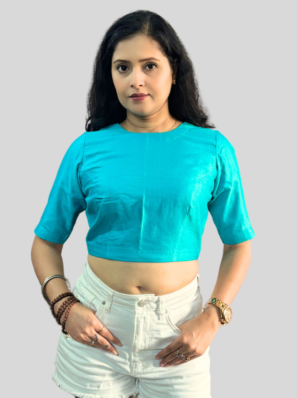 Round Neck Turquoise Cotton Tussar Silk Blouse with Back Wooden Buttons